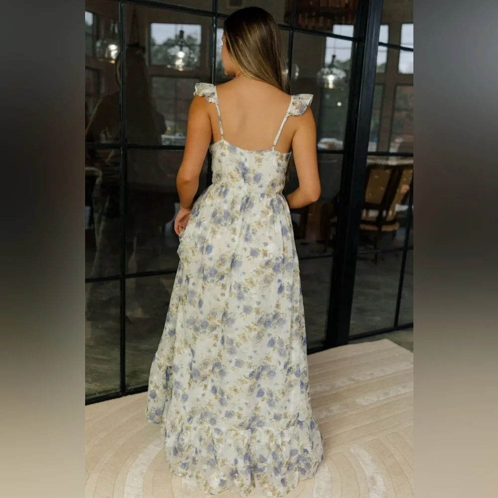 SOLD NWT BLUE AND WHITE FLORAL MAXI RUFFLE DRESS WITH SLIT - FORMAL DRESS - Picture 9 of 15